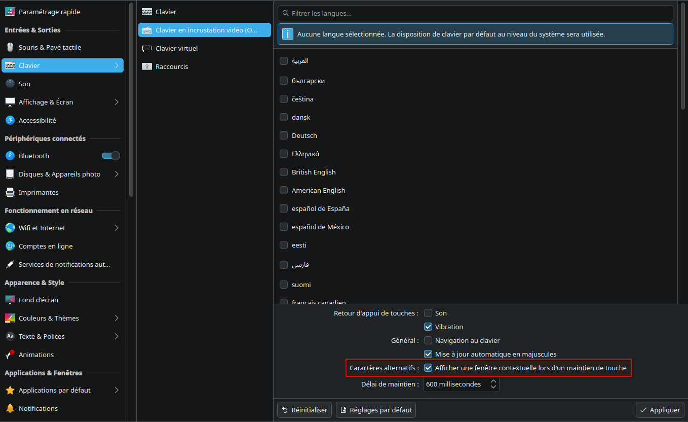 Menu de modification de l'option d'affichage du menu contextuel