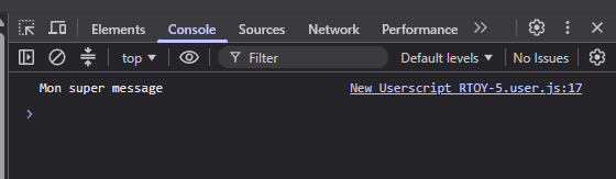 Message affiché dans la console après avoir créé le script dans Scriptcat