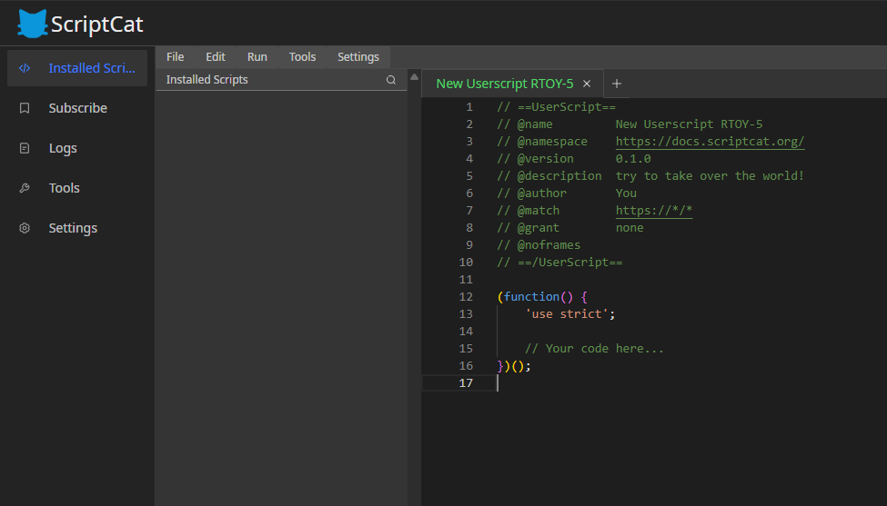 Scripcat interface de la création de scripts