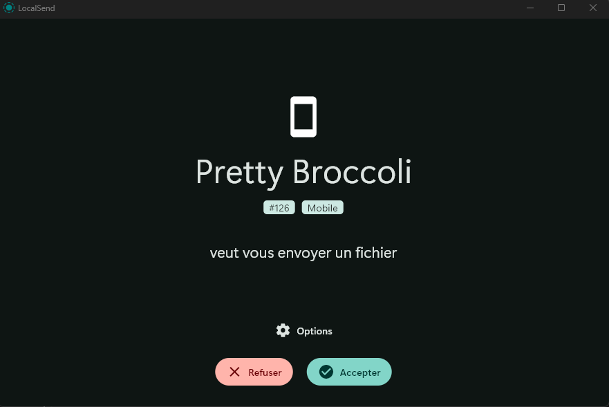 Interface d'échange de Localsend sur Windows
