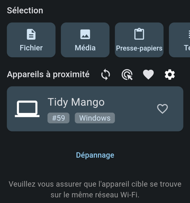 Interface mobile de Localsend avec l'appareil Windows affiché